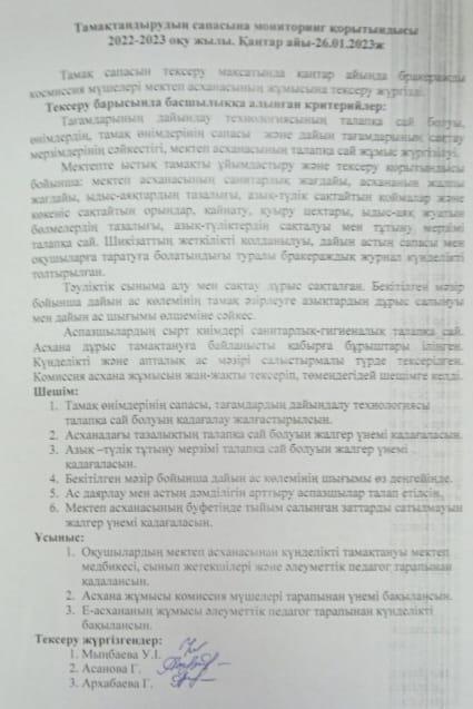 Тамақтандырудың сапасына мониторинг қорытындысы